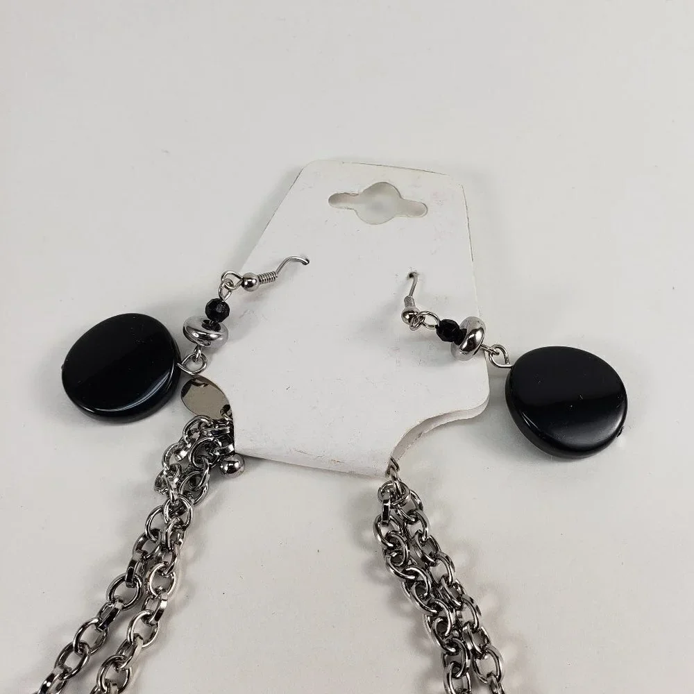 Elegant Black Beaded Necklace & Earrings Set – Layered Silver Statement Jewelry